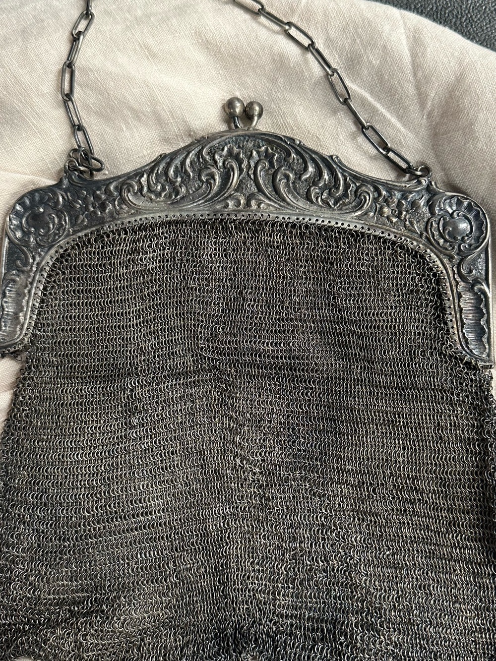 Vintage Silver Mesh Evening Bag with Ornate Frame